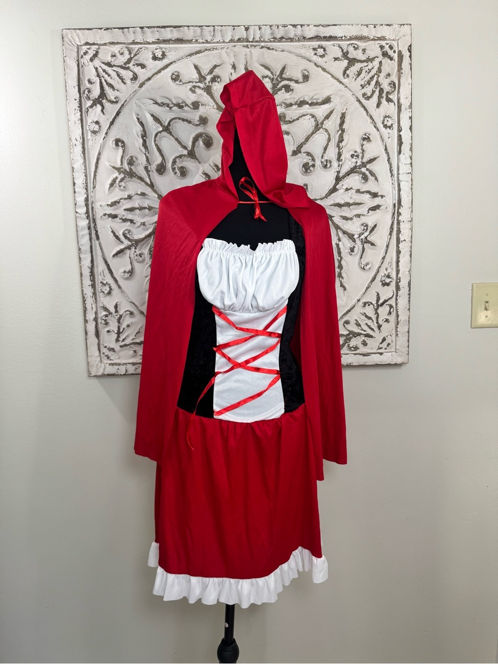 Little Red Riding Hood Adult Costume Dress Hooded Cape Red Black White Corset